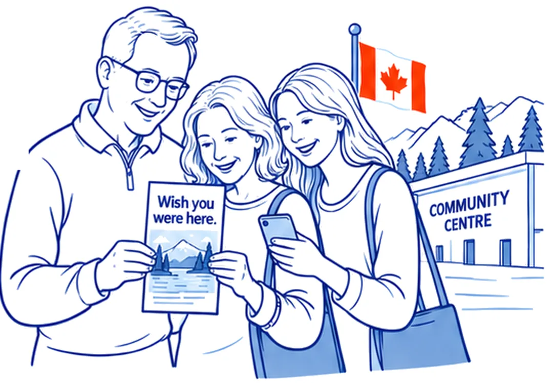A family reading a ‘Wish you were here’ rack card outside a community centre, under a Canadian flag.