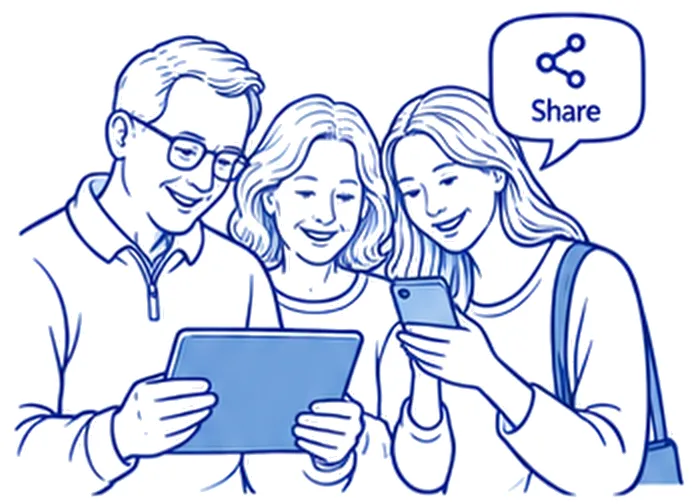 An older couple and their daughter looking at a tablet and a phone together, beside a Share button.