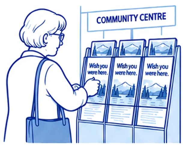A woman taking a ‘Wish you were here’ rack card from a display at a community centre.